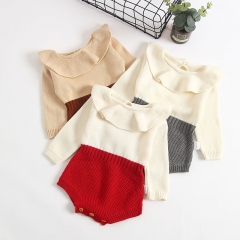 Ruffle collar long-sleeve knit romper for baby