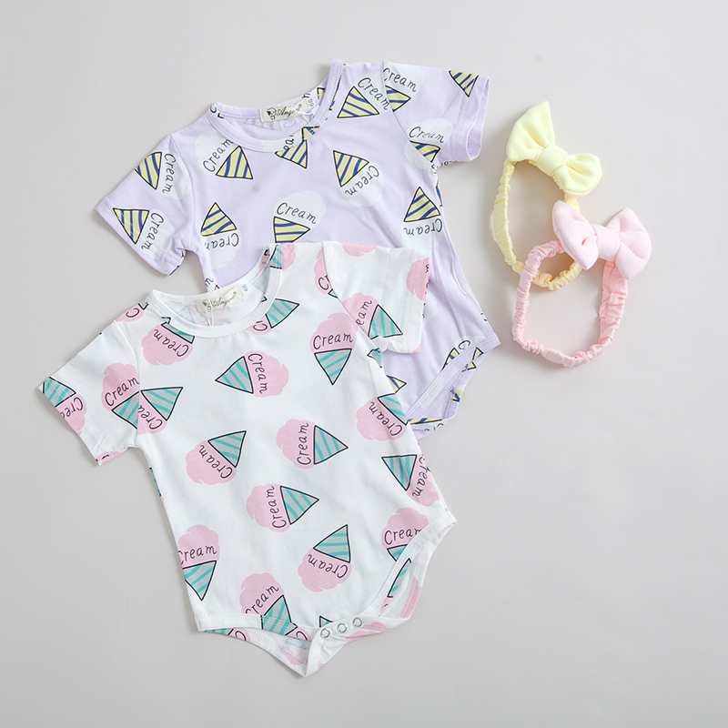 icecream print romper with headband baby 02 years in summer
