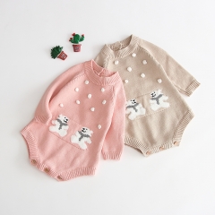 2019 Autumn new arrival cotton jacquard knitting sweater romper with handmand pompom design