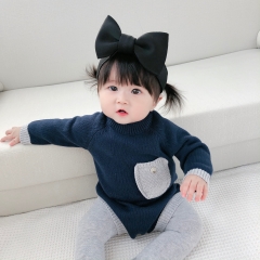 pocket front design long-sleeve splicing romper for wholesale baby 0-2 wholesale
