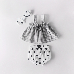 Toddler infant clothes summer baby girl 3-pcs bloomer set baby plaid top with polka dot bloomer outfits Wholesale