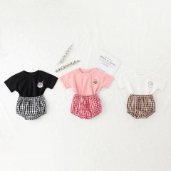 Infant baby girl cartoon top grid shorts 2 pieces sets in summer wholesale
