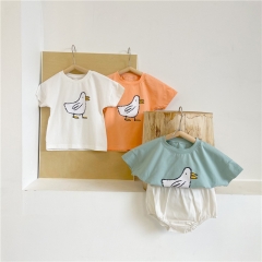 Ins baby boy girl bird print cartoon design top + solid pants summer setswholesale