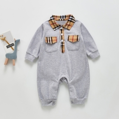 Baby Boy Grid Combo Solid Gray Outfit Wearing Romper Wholesale