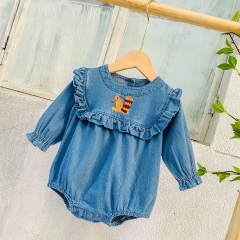 Baby Girl Squirrel Embroidery Cowboy Design Romper In Spring & Autumn Outfit Wearing Wholesale