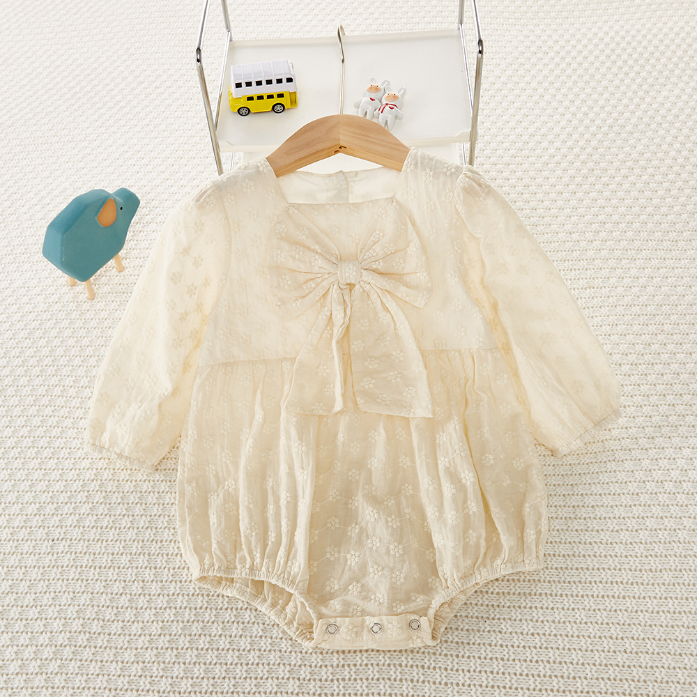 Baby Girl Bowtie Back Side Jacquard Design LongSleeve Romper