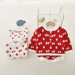 Baby Girl Cherry Pattern Sleeveless Dress Romper Combo Long-Sleeved Cardigan Knitting Sets Wholesale