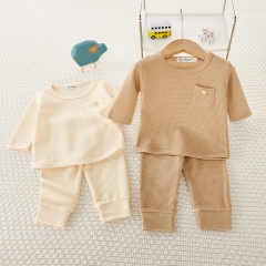 Baby Unisex Waffle Top Round-collar Shirt Combo Long Pants Solid Style Wholesale