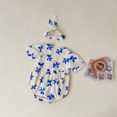 Baby Girl Blue Floral Print Short Sleeved Summer Outfit Onesies Wholesale