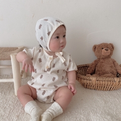 Baby Girl Cartoon Bear Floral Print Romper Combo Hat In Summer Outfit Wearing Wholesale