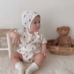 Baby Girl Cartoon Bear Floral Print Romper Combo Hat In Summer Outfit Wearing Wholesale