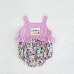 Ins 2022 summer new baby girl romper floral patchwork printed Khaki baby pocket sleeveless creeper flower purple cotton wholesale