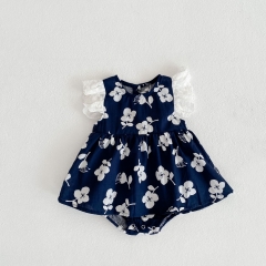 2022 new born baby clothes girl Summer fashion baby girl's cotton large flower printed flying sleeve triangle skirt jumpsuit wholesale