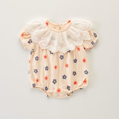 Baby Girl Floral Print Lace Collar Short-sleeved Onesies Wholesale