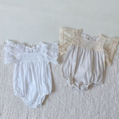 Baby Girl Solid Square Collar Lace Short-sleeved Onesies Wholesale