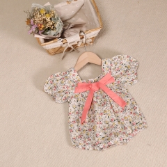 Baby Girl Floral Print Square Collar Bow Tie Front Short-sleeved Onesies Wholesale