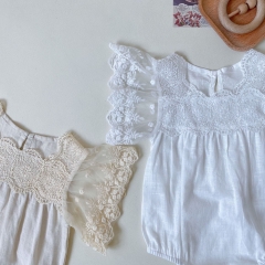 Baby Girl Solid Square Collar Lace Short-sleeved Onesies Wholesale