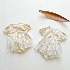 Baby Girl Floral Print Round Collar Short-sleeved Romper Dress Patchwork Mesh Design In Summer Wholesale