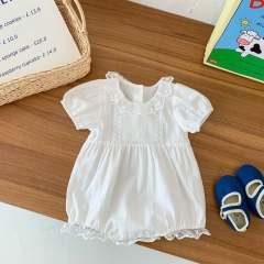 Baby Girl Solid White Lovely Collar Short-sleeved Onesies In Summer Outfit Wearing Wholesale