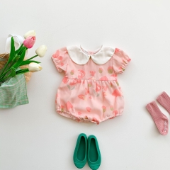 Baby Girl Doll Collar Short-sleeved Pink Romper In Summer Outfit Wearing Wholesale