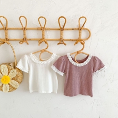 Baby Girl Solid Lace Collar Short-sleeved Top In Summer Wholesale