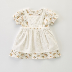 Baby Girl Floral Print Dress Combo Vest Short-sleeved Round Collar Sets In Summer Wholesale