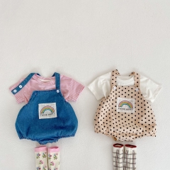 Baby Girl Ins Clothing Set Rainbow Denim Suspender Suit Cowboy Overalls Short Sleeved T shirt Wholesale