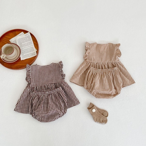 2022 Baby Girl Sleeveless Dress Top Combo Grid Short In Sets Summer Outfit Wearing Wholesale