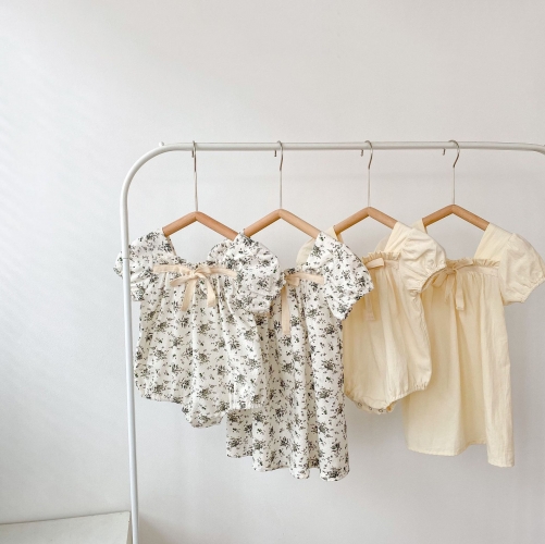 2022 newborn clothes summer sister clothes for infants girls baby small broken flower ribbon square neck short sleeve dress wholesale