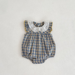2022 newborn baby girl clothes Ins cotton lace collar fly sleeve toddler short baby romper lattice Blue contrast wholesale