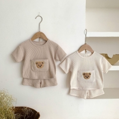 Baby Unisex Waffle Bear Embroidery Top Combo Solid Short Pants Summer Sets Wholesale