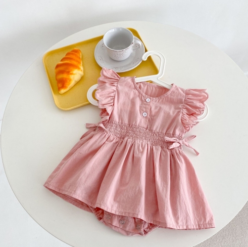 2022 baby new born clothes baby rompers solid color pointelle summer cotton pink newborn baby girl romper flying sleeve wholesale