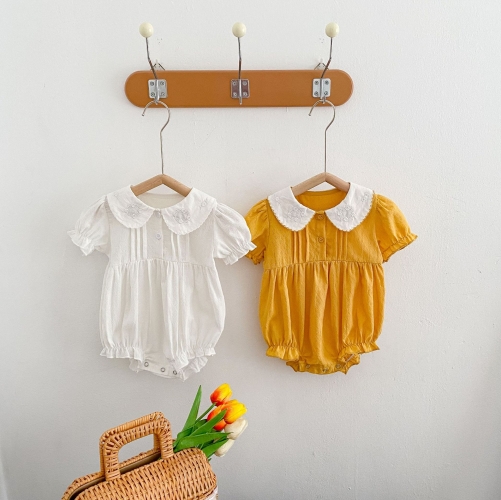 Ins 2022 summer INFANT baby GIRL bodysuit romper lace doll collar short sleeve triangular Khaki creeper yellow newborn wholesale