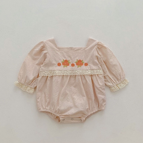 Baby Girl Embroidery Floral Print Long-sleeved Square Collar Onesies Wholesale