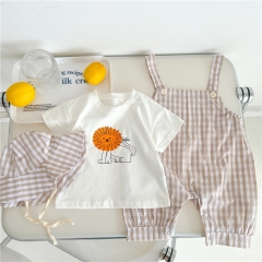 Baby Unisex Lion Print Top Combo Dot Print Overalls & Hat 3-pieces In Sets Wholesale