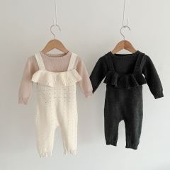 Baby Unisex Solid Ruffle Trim Buttoned Cami Knit Romper Wholesale