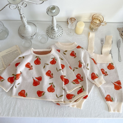 3-piece Pear Jacquard Top Onesies Overalls In Sets Knitting Sets Wholesale