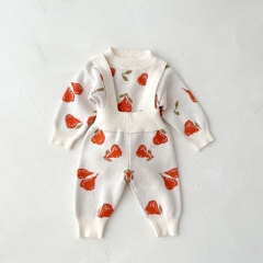3-piece Pear Jacquard Top Onesies Overalls In Sets Knitting Sets Wholesale 3-piece Pear Jacquard Top Onesies Overalls In Sets Knitting Sets Wholesale
