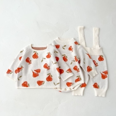 3-piece Pear Jacquard Top Onesies Overalls In Sets Knitting Sets Wholesale 3-piece Pear Jacquard Top Onesies Overalls In Sets Knitting Sets Wholesale