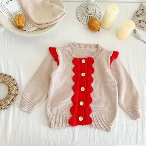 Infant Baby Girls Color Contrast Knitting Sweater Coat Outfit Wearing Clothes Wholesale