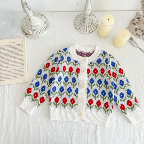 Infant Baby Floral Pattern Round Collar Long-sleeved Knitting Coat In Autumn Wholesale