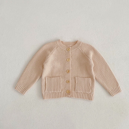 Infant Baby Girl Solid Cotton Round-collar Knitting Coat Wholesale