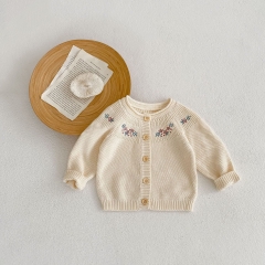 Infant Baby Girls Cotton Knitting Floral Embroideried Coat Wholesale