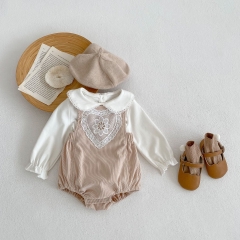 Ins 2023 Spring Long-sleeved Top Combo Lace Heart Pattern Overalls In Sets Wholesale