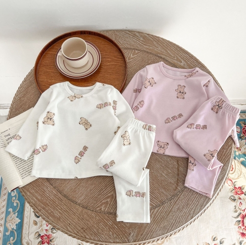 Infant Baby Girls Bear Print 2 colors Spring Pajamas Sets Wholesale