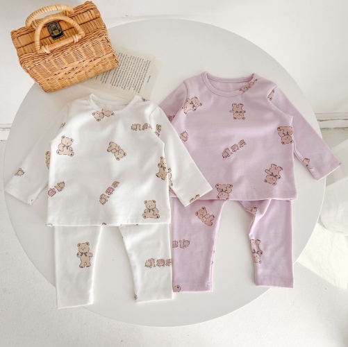Infant Baby Girls Bear Print 2 colors Spring Pajamas Sets Wholesale