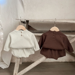 Infant Baby Unisex Waffle Pocket Design Solid Long-sleeved Top Combo Short Pants In Sets Wholesale