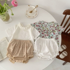 Infant Baby Flower Pattern & Solid Color Tops With Mesh Patched Shorts Sets Wholesale