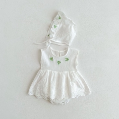 Infant Baby Girl Solid Color Embroidered Design Sleeveless Onesies Dress With Hat Wholesale
