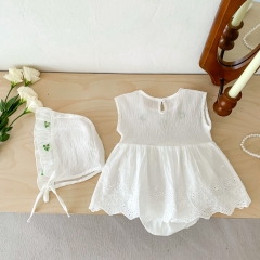 Infant Baby Girl Solid Color Embroidered Design Sleeveless Onesies Dress With Hat Wholesale